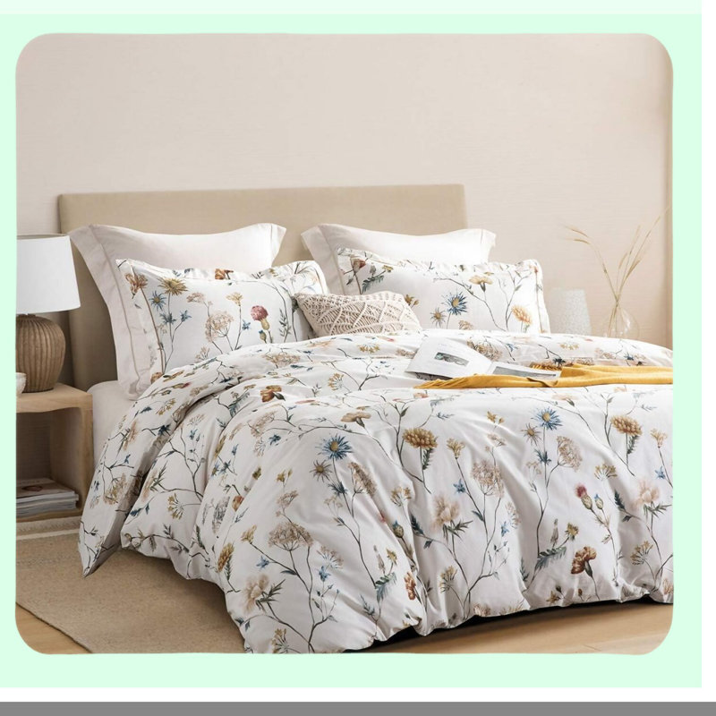 Blue Blush Floral Cotton Comforter Set - Queen Size 600 Thread Count Down Alternative Bedding - White Printed Flowers - 3 Piece Set