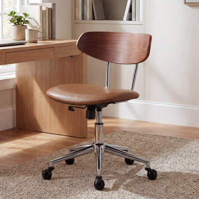 Chaise de bureau moderne Mid-Century avec dossier en bois, chaise de bureau pivotante à hauteur réglable, chaise de travail ergonomique rembourrée brune avec roulettes, style rétro pour salle d'étude et salle d'ordinateur