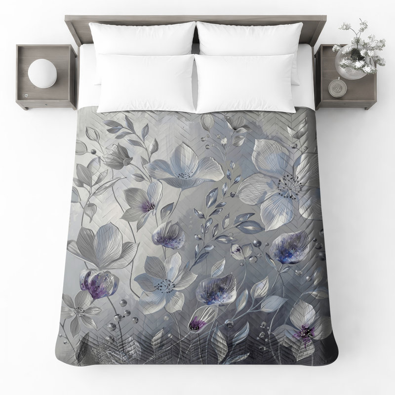 Couvre-lit matelassé gris et blanc à fleurs de toutes tailles, Très grand lit