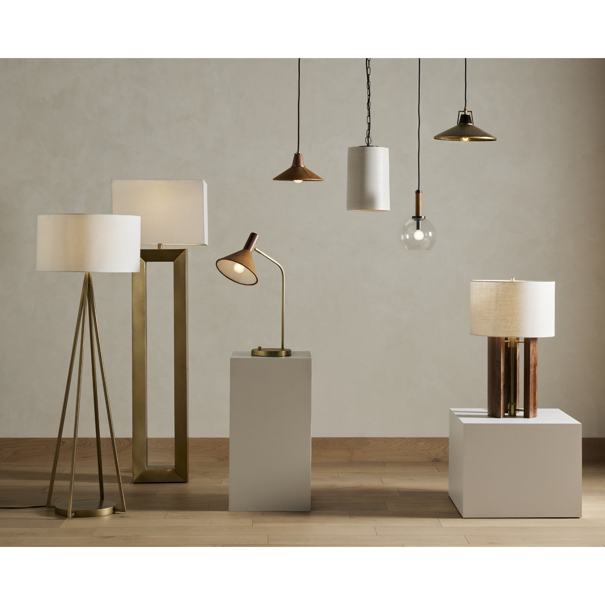 Single Light Pendant, Camel, Natural Walnut/Antique Brass