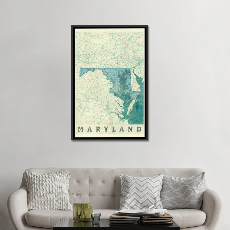 «Maryland Map», impression sur toile, H 26 po x l 18 po x P 1,5 po, Toile avec cadre noir, Blanc