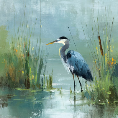Golden Marsh Heron Wrapped Canvas Wall Art | Coastal Bird Nature Print for Living Room Bedroom Office