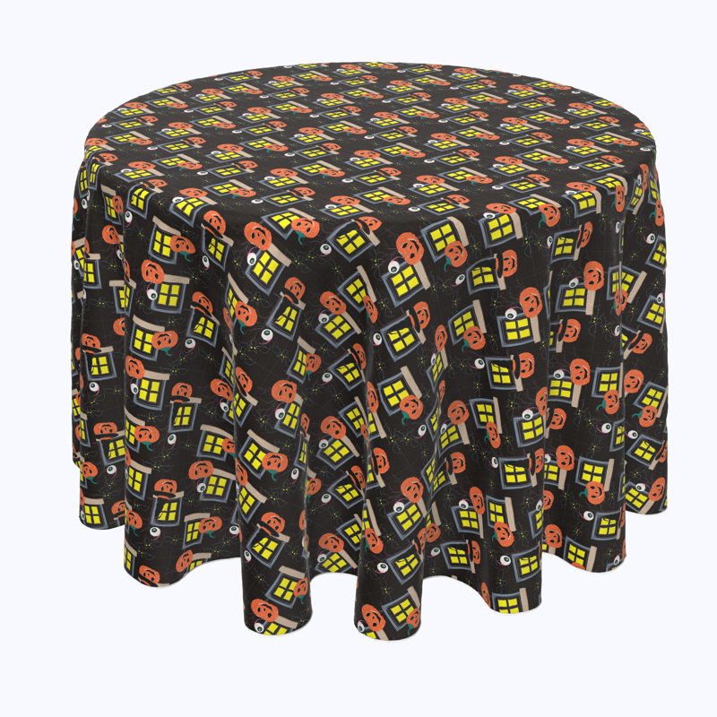 Geometric Round Halloween Tablecloth, 108" L x 108" W, Halloween House Scare