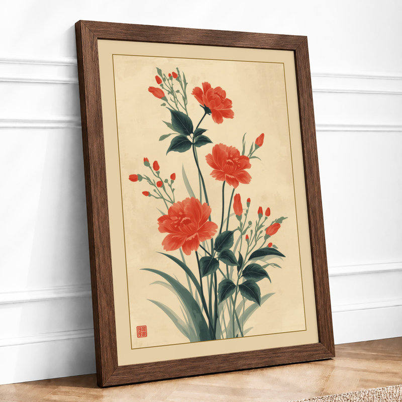 Carnation Study Botanical - Framed Print, A2 - 59.4 x 42.0 cm, Walnut