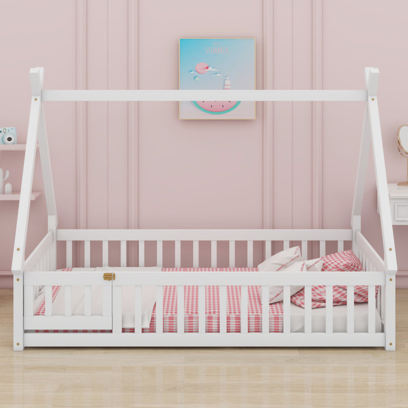 Mignon lit de style tente pour enfants avec garde-corps, lattes et porte durables, Lit simple, Blanc