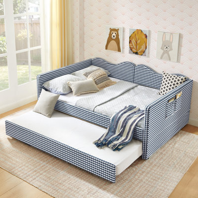 Full Size Daybed, Gingham Upholstered Daybed Equipped with Pull-Out Trundle Bed Frame & Side Storage Pocket