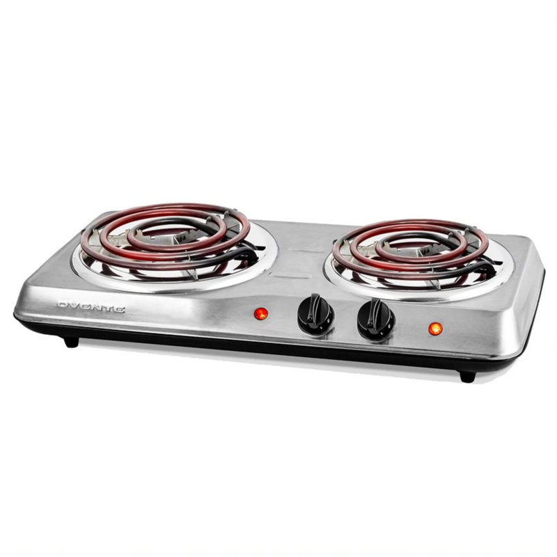 OVENTE Electric Countertop Double Burner, 1700W Cooktop with 6" and 5.75" Stainless Steel Coil Hot Plates, 5 Level Temperature Control, Indicator Lights and Easy to Clean Cooking Stove, Silver BGC102S