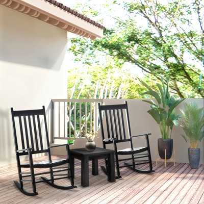 Outdoor Rocking Chair, Patio Wooden Rocking Chair With Smooth Armrests, High Back For Garden, Balcony, Porch, Supports Up To 352 Lbs., Black by Ophelia & Co.