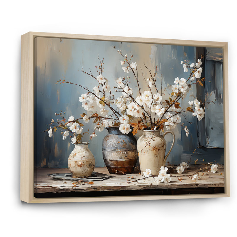Art mural de poterie et de fleurs nature morte I, H 12 po x l 20 po, Reproduction avec cadre flottant, Naturel