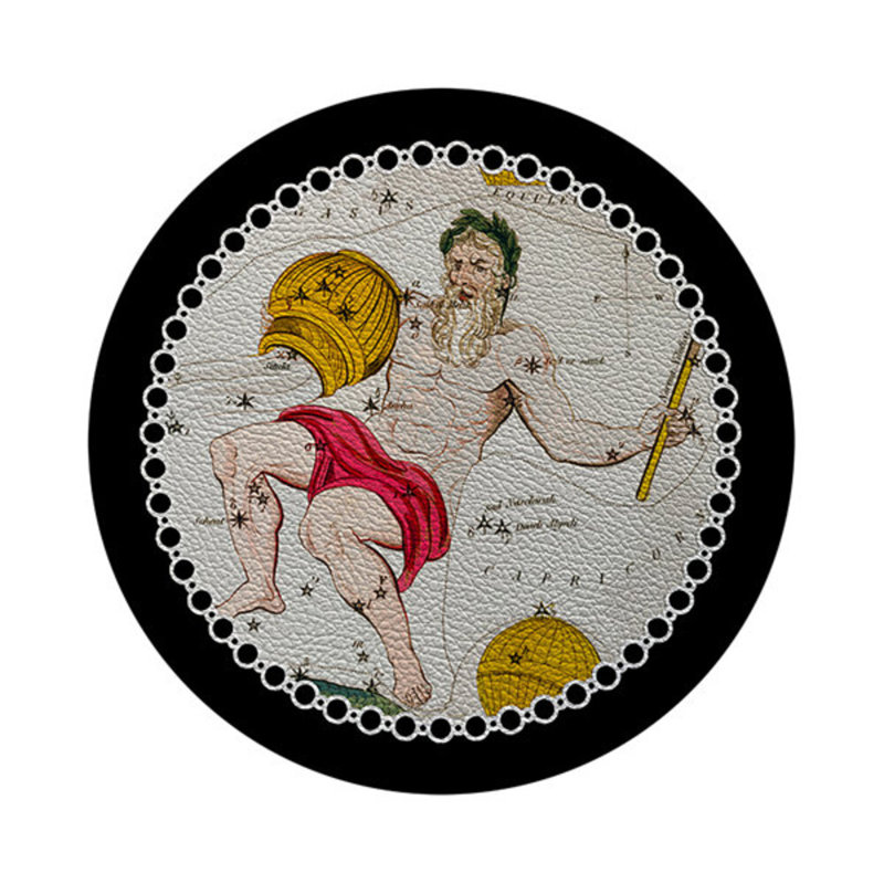 Zodiac Aquarius White Vegan Leather Round Coasters, Black