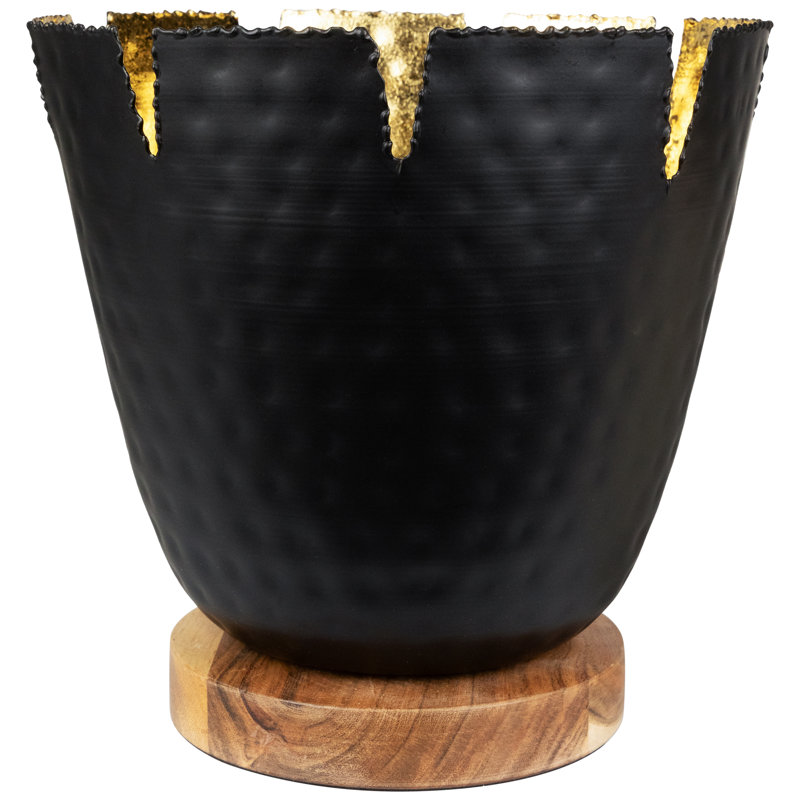 Porte-bougie en fer et aluminium avec base en bois - 9,25 po - noir et or