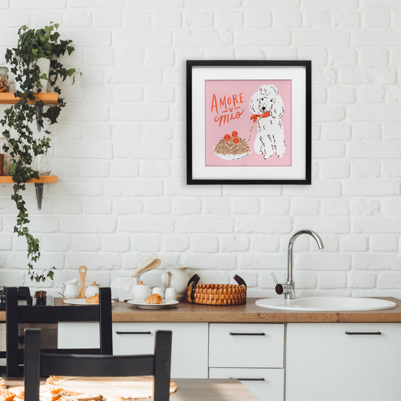 «Amore Mio Pasta Poodle», reproduction sous verre encadrée par Krissy Mast, H 13 po x l 13 po, Cadre noir minuit