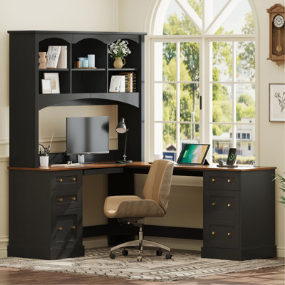 Bureau d'ordinateur en L peu encombrant avec plateau à clavier et stations de recharge, bureau d'angle de ferme avec huche arquée, bureau personnel tout-en-un avec tiroirs classeurs pour bureau, bureau