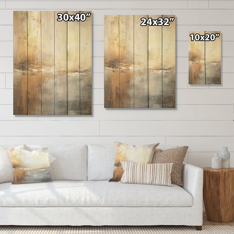 «Modern Coastal Beige and Gold River I», art mural en bois océan côtier sur bois de pin naturel, H 40 po x l 30 po