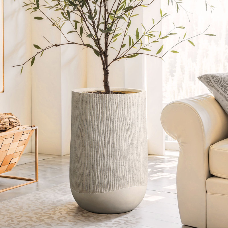 Pot à fleurs texturé Woodg MgO, pot de jardin décoratif beige, intérieur et extérieur, H 27,2 po x l 16,9 po x P 16,9 po
