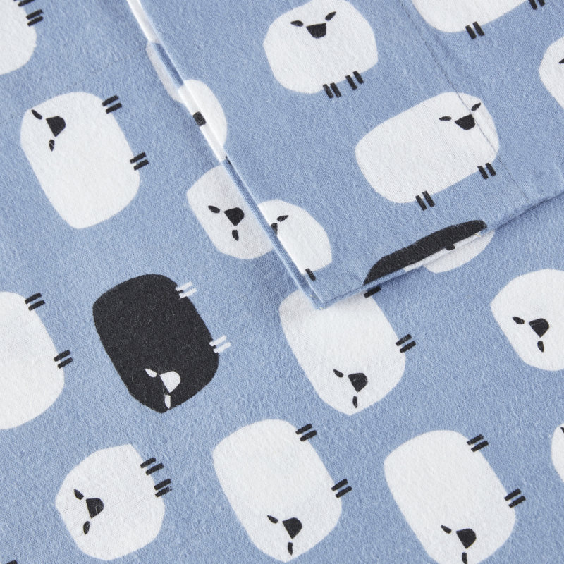 Ensemble de draps en flanelle 100% coton Woolrich, Ensemble de draps pour très grand lit avec 2 taie, Bleu, moutons