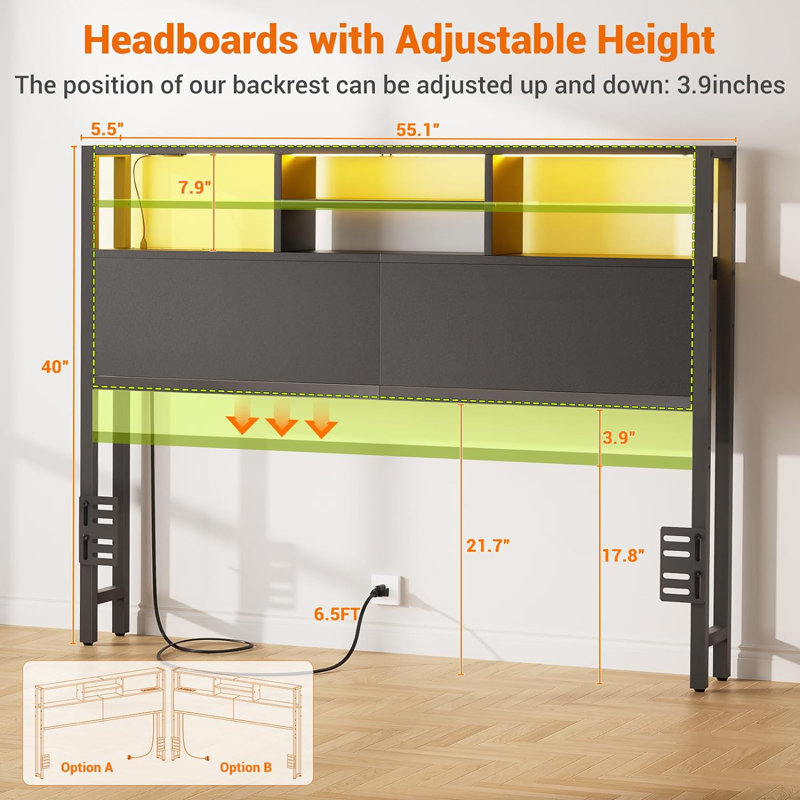Lozandier Headboard with Storage, Power Outlet, USB Ports and LED Strip, Full, Black