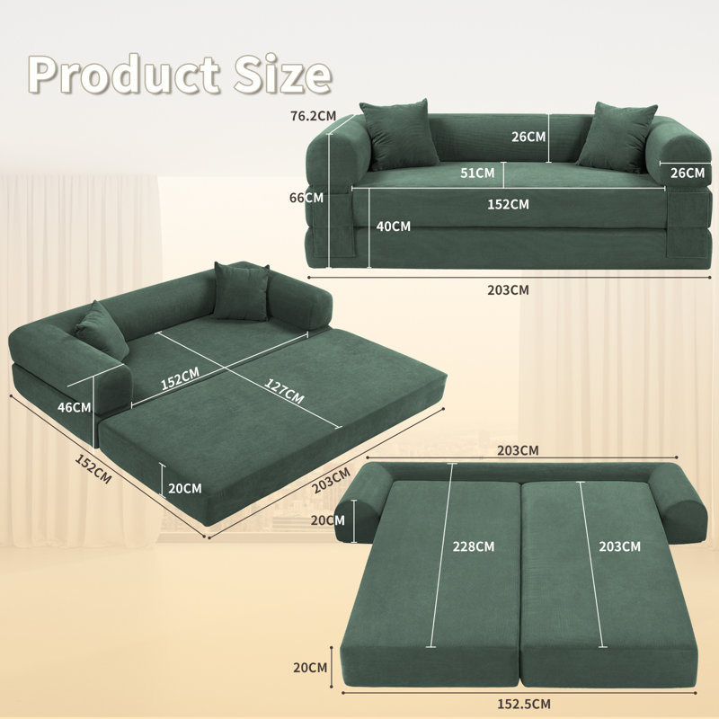 Boneless Convertible Sleeper Sofa Bed with Cylindrical Pillow, Corduroy Folding Mattress Couch, Floor Sofa Sofa-in-a-Box, No Installation & Easy to Transport, Deep Seat