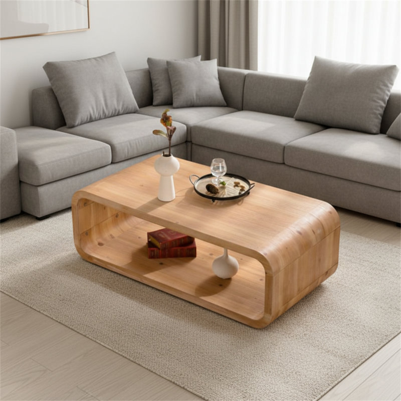Table basse ouverte à structure ouverte en bois peu profond avec espace de rangement ouvert, parfaite pour les salons contemporains.