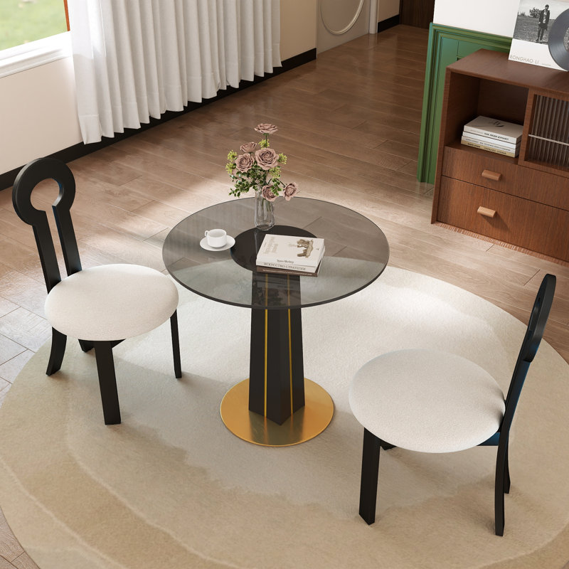 3-Piece Modern Dining Set with 33.5" Round Tempered Glass Top, Black Pedestal Base with Gold Trim & 2 Rubberwood Chairs – Small Space Kitchen & Dining Table Set