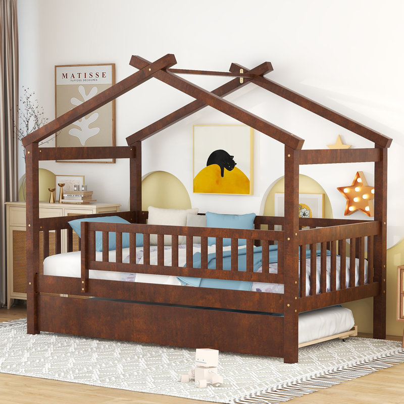Wooden House Bed With  Trundle, Walnut