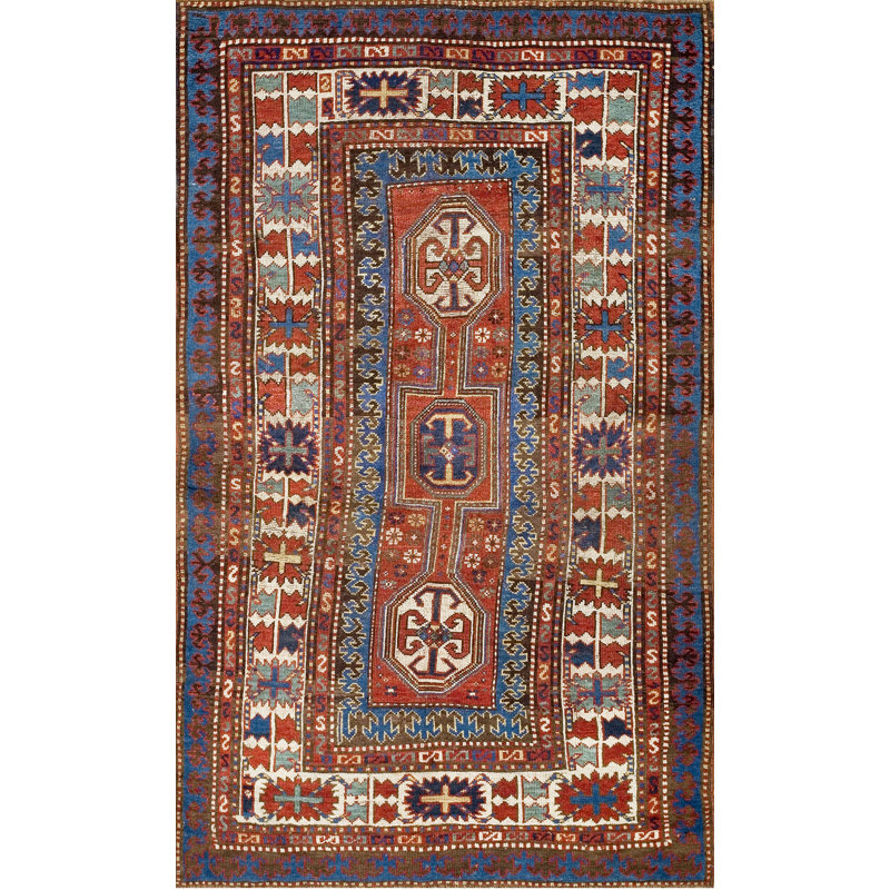 Antique Caucasian Tribal Geometric Key Hole Design Medallion Kazak Rug