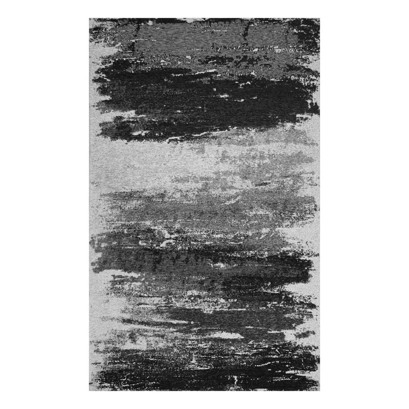 Tapis gris / noir en chenille / coton / polyester à tissage mécanique abstrait Bysshe, Rectangle 4 pi 5 po x 6 pi 7 po