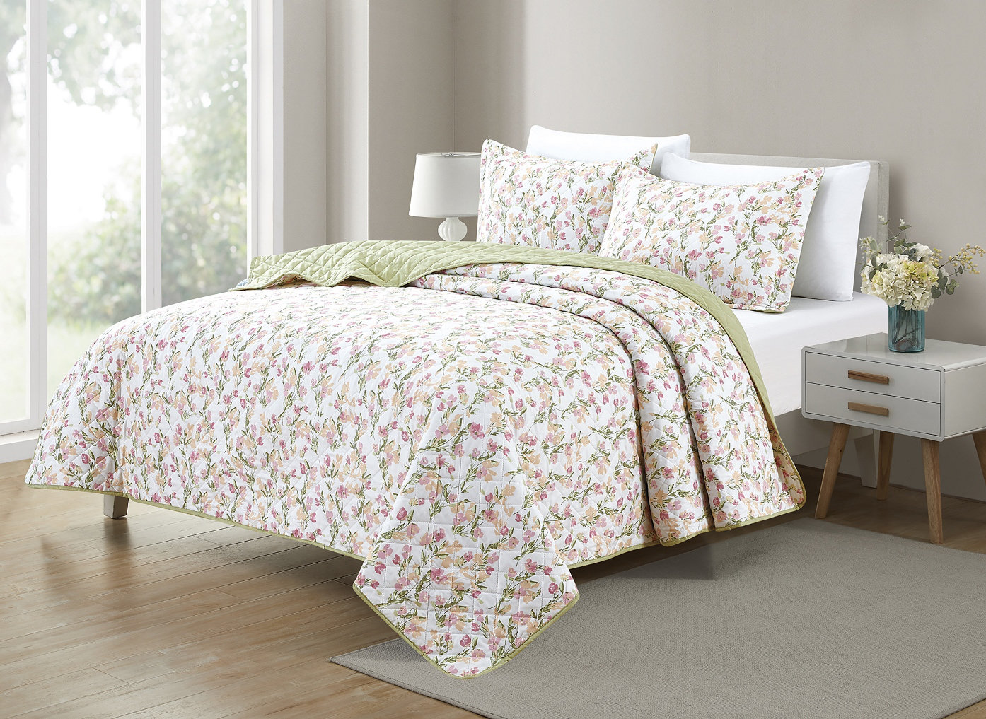 Bibb Home Sage Blossom_Bibb Home 3 Piece Printed Reversible Quilt Set ...