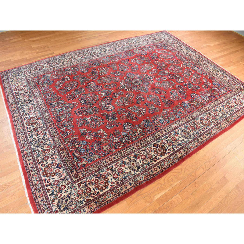 Tapis rouge persan rétro en laine noué à la main 10 pi 0 po x 13 pi 9 po