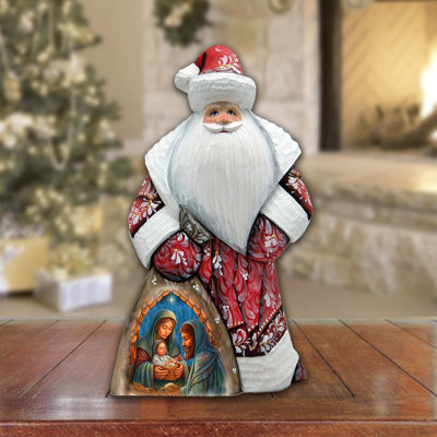 Holy Family Nativity Santa In Red Hand-Painted Wood Carved Masterpiece By G. Debrekht