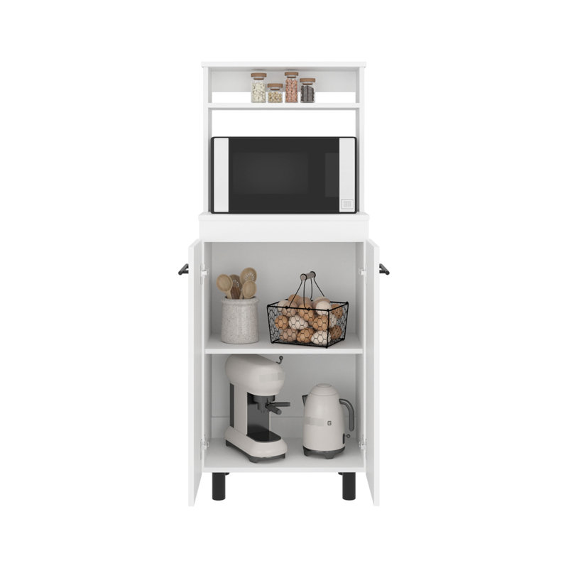 Buffet de cuisine blanc autoportant et support pour micro-ondes avec tablettes de rangement, tablette supérieure, comptoir pour la salle à manger, rangement intérieur compact, rangement