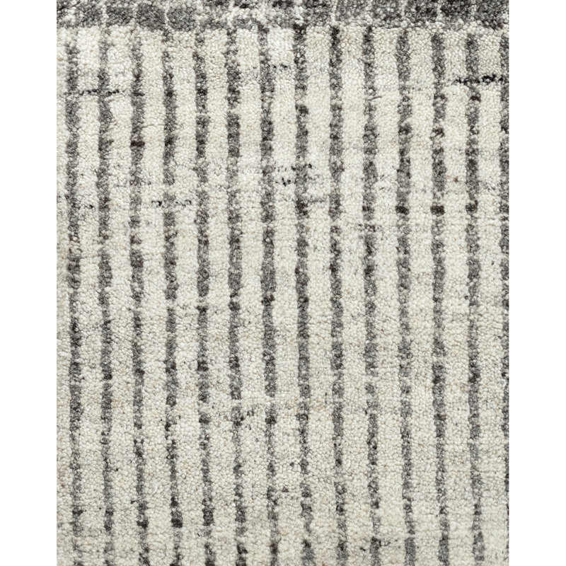Organic Hand Knotted Striped Area Rug in White/Gray, Rectangle 12' x 15'