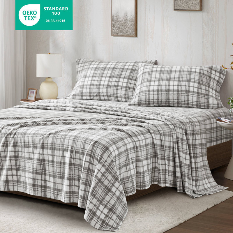 Micro Fleece Sheet Set, Queen Sheet Set with 2 Pillowcases, Gray Plaid