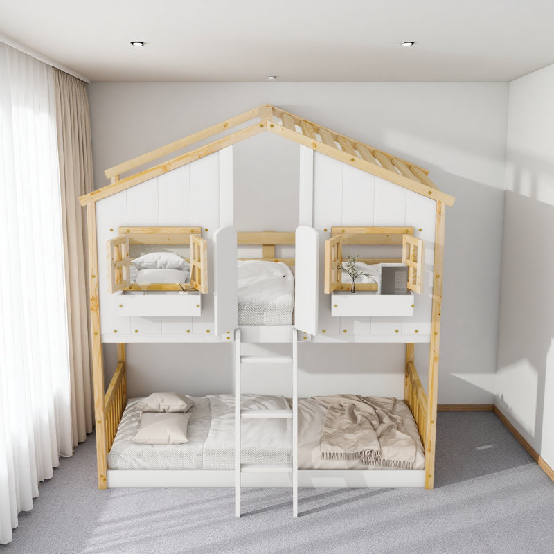 Twin Over Twin House Bunk Bed With Roof , Window, Window Box, Door , With Safety Guardrails And Ladder, Natural