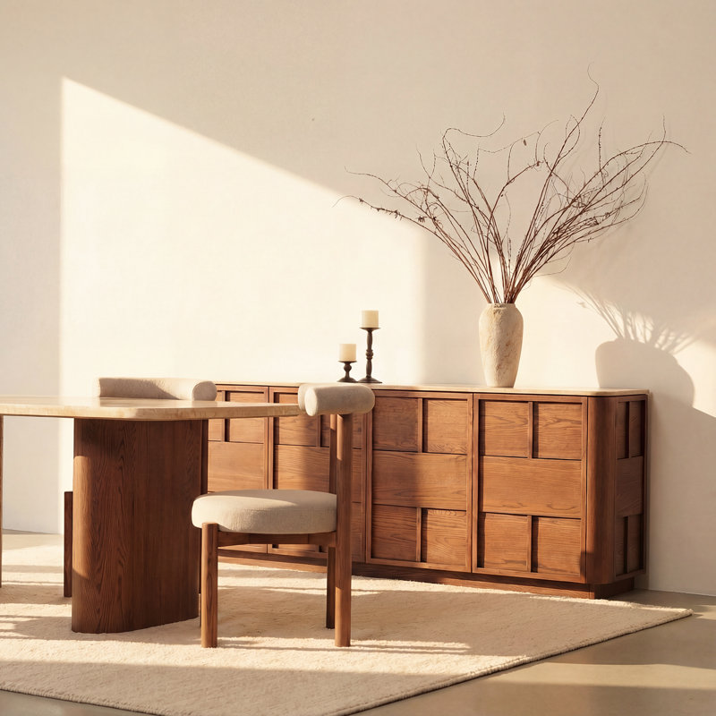 Hearth 84" Brown Oak Sideboard with Honed Travertine Top – Modern Buffet Storage Cabinet, Brown