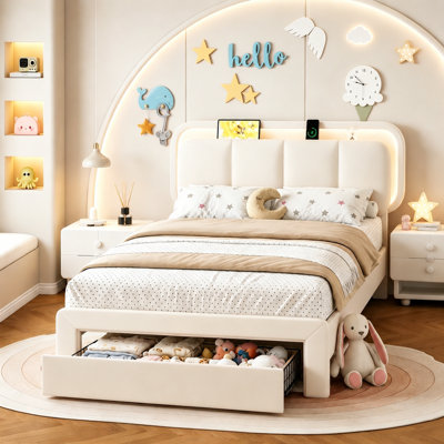  Structure de lit simple tapissier en velours avec tête de lit et tiroirs de rangement, structure de lit plateforme princesse avec station de charge et DEL, aucun sommier nécessaire, beige