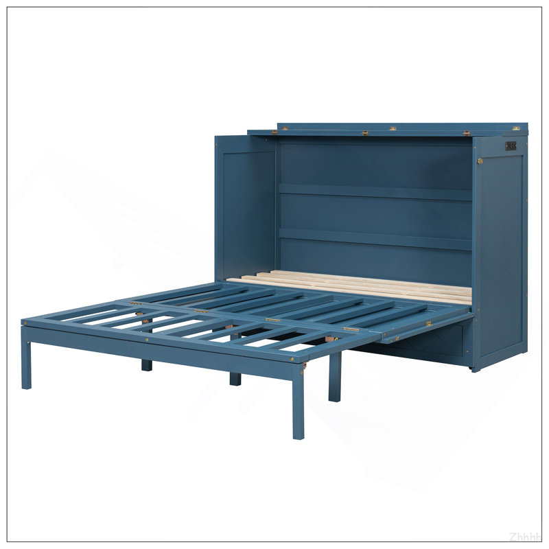 Grand lit escamotable mural avec tiroir et un ensemble de prises et de ports USB, bleu marine, Marine