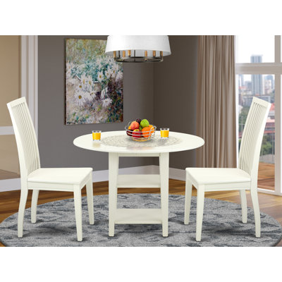 3 Piece Dining Room Table Set Contains a Round Kitchen Table with Dropleaf & Shelves and 2 Dining Chairs, Linen White