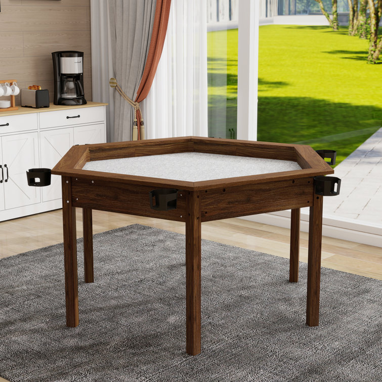  Hexagon Dining Table with Removable Game Board Top – Rustic Brown Solid Wood & MDF Table for 6 Players, Includes Non-Slip Play Mat & Rotating Cup Holders