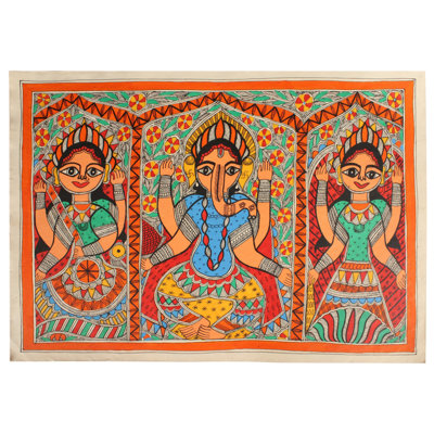 Saraswati Ganesha Lakshmi | Madhubani Painting | Natural Colors On Handmade Paper
