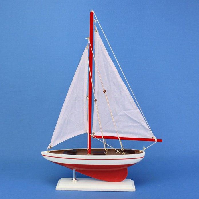 Bateau à voile flottant en bois, Rouge / Blanc, H 12 po x l 2,5 po x P 8 po