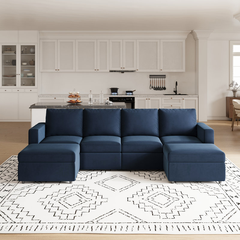 Rafael 4-Seater Modular Sofa Couch Upholstered Storage Sectional Sofa, Blue Velvet
