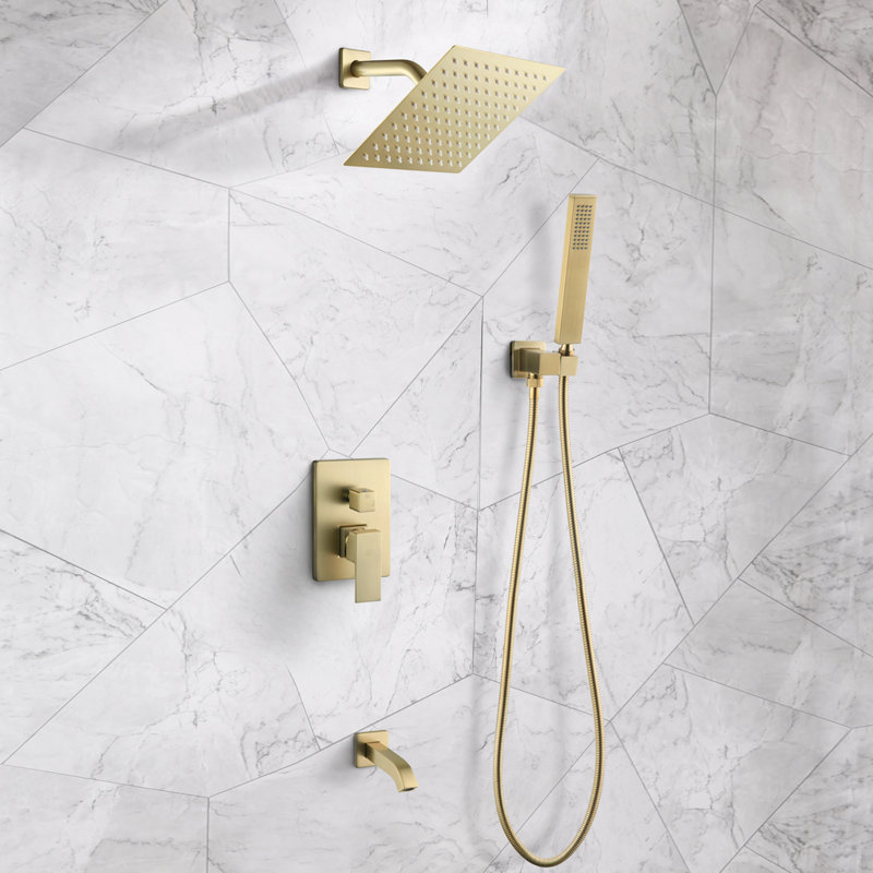 Bathroom Shower Faucet System. Rainfall Shower Faucet with Tub Spout and Handheld Showerhead, Brushed Golden
