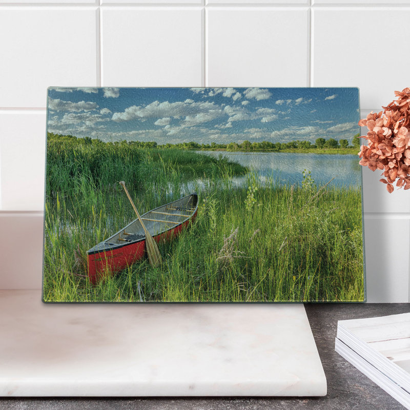 Ambesonne Lake Theme Tempered Glass Cutting Board Canoe with Wooden Paddle Multicolor