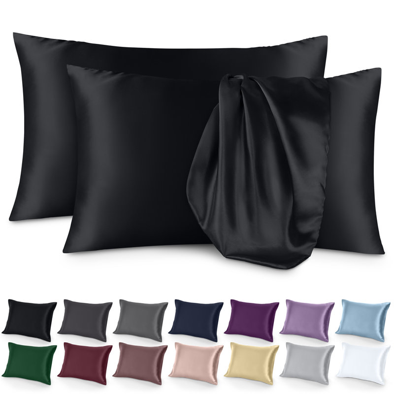 Black Satin Standard Pillowcase Set with Zipper Closure