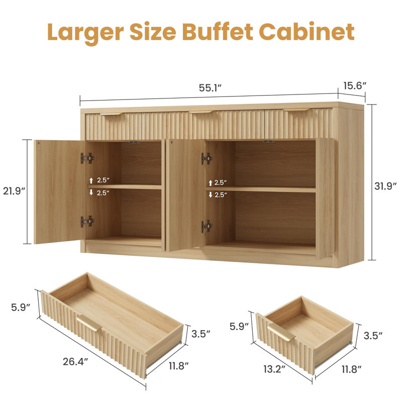 Buffet 55 "moderne avec cannelure avec rangement, armoire de rangement cannelée avec 3 tiroirs, naturel et armoire de cuisine modulaire en bois pour le hall d'entrée de la salle à manger
"