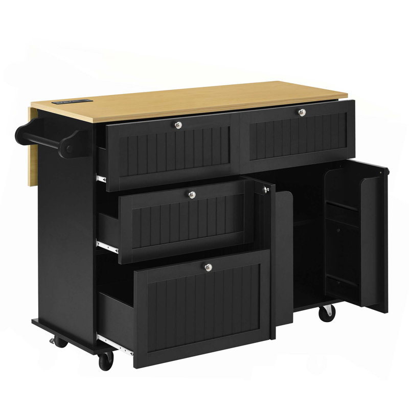 3PCS Sets Farmhouse Kitchen Island With 2 Stools, Drop Leaf,  Cabinet, Drawers, Door Shelves, Power Outlet, Black
