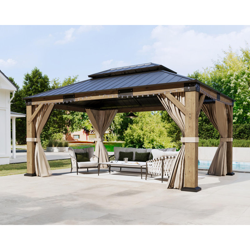 Pavillon de jardin classique en bois massif de 12 pi x 14 pi avec double toit en fer, filet et rideaux, 12 pi x 14 pi