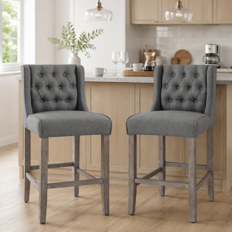 Ensemble de 2 tabourets de bar à hauteur de comptoir 26,25 po, capitonnés et sans accoudoirs avec pieds en bois d'hévéa, gris