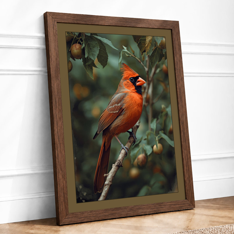 Cardinal on Branch Boho - Framed Print, A1 - 84.1 x 59.4 cm, Walnut